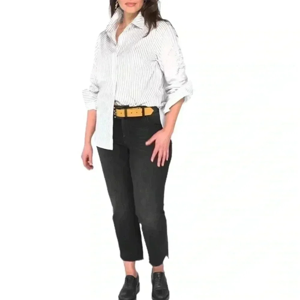CAbi Linear Shirt Classic Black White Stripe Long Ruched Sleeves size M